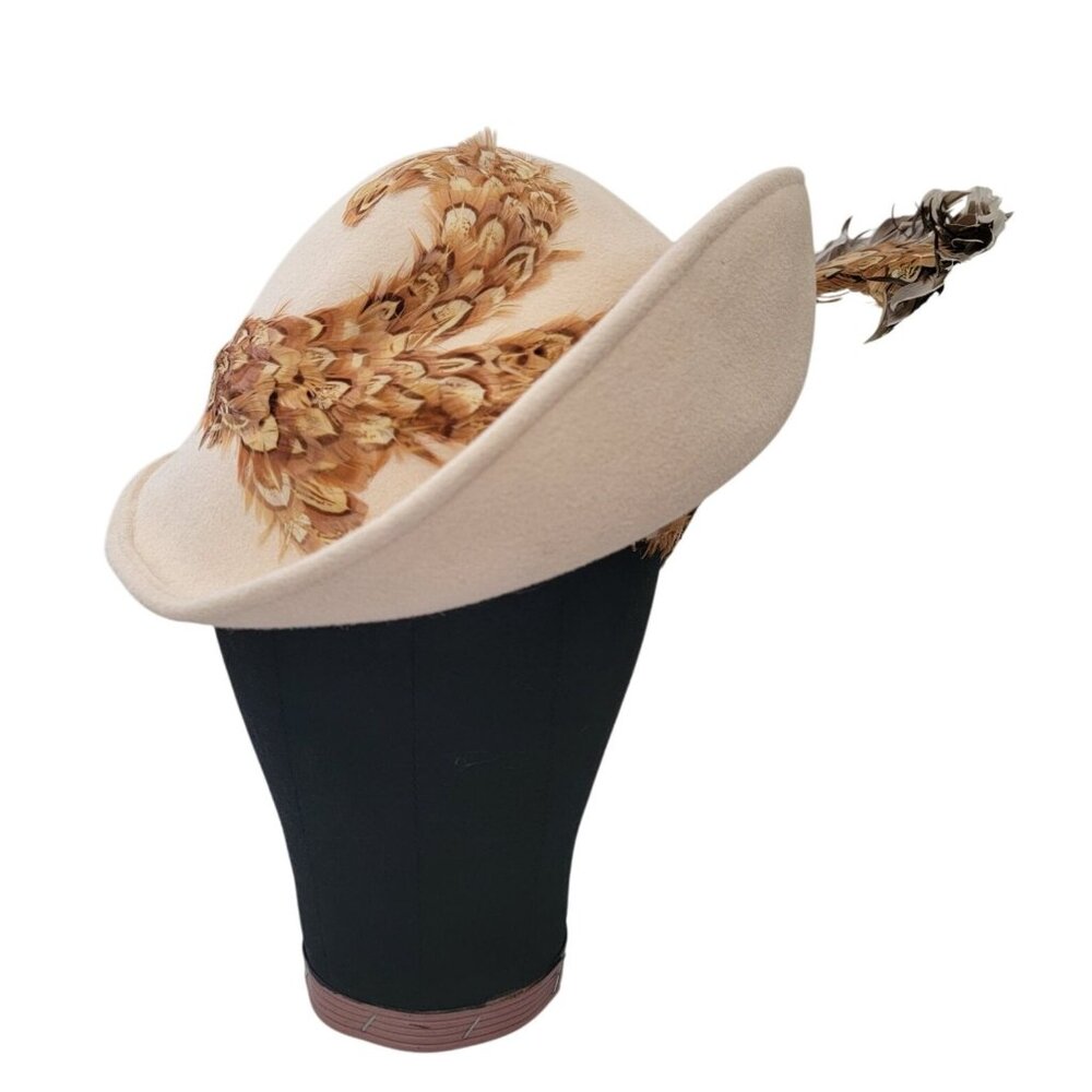 Vintage Cream Wool Derby Hat w/ Feather Embellishments By Jack McConnell  21" - Picture 3 of 6